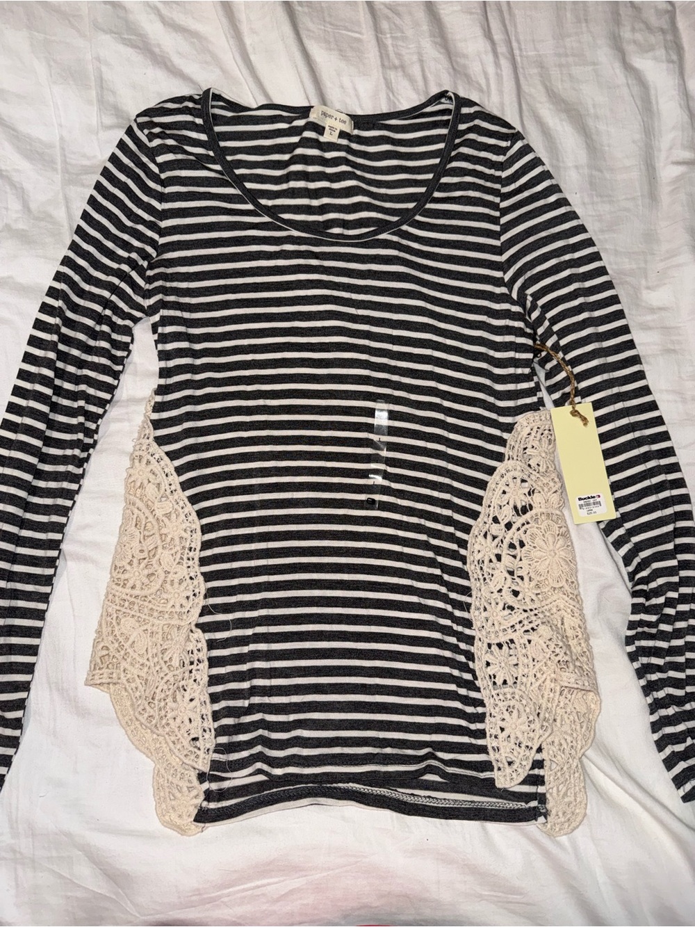 Buckle Brand Black & Cream Striped Long-Sleeve Top with Crochet Panels